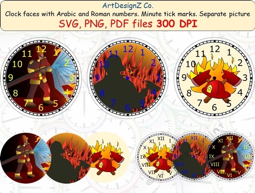 Fireman clock faces with Arabic and Roman numbers. Minute tick marks. Separate picture included. 