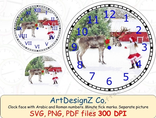 Christmas scene clock face with Arabic and Roman numbers. Minute tick marks. Separate picture included. 