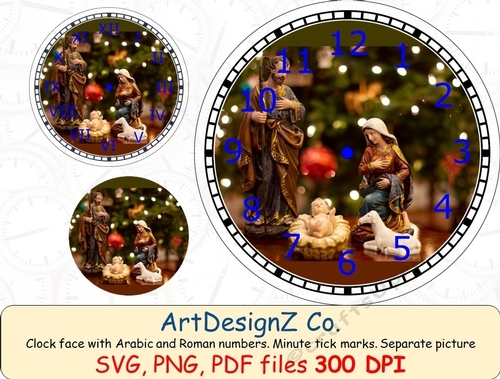 Christmas scene clock face with Arabic and Roman numbers. Minute tick marks. Separate picture included. 