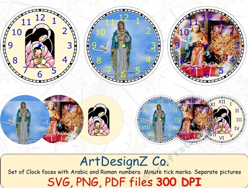 Set of Christmas scene clock faces with Arabic and Roman numbers. Minute tick marks. Separate picture included. Lantern, christmas, decoupage, decorations, snow, xmas, decorations, decoupage