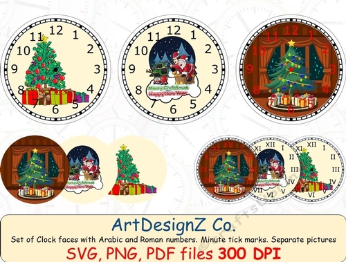 Set of Christmas scene clock faces with Arabic and Roman numbers. Minute tick marks. Separate picture included. Lantern, christmas, tree, Santa, decoupage, decorations, snow, xmas, decorations, decoupage