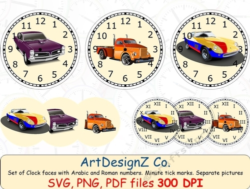 Set of vintage cars clock faces with Arabic and Roman numbers. Minute tick marks. Separate picture included. Vintage, male, birthday, fathers day, biker
