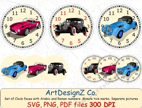 Set of classic cars clock faces with Arabic and Roman numbers. Minute tick marks. Separate picture included. Insert, silver, sport, car, male, driving, test, pass