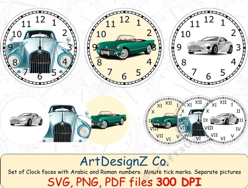Set of classic cars clock faces with Arabic and Roman numbers. Minute tick marks. Separate picture included. Race, sport, birthday, fuggy