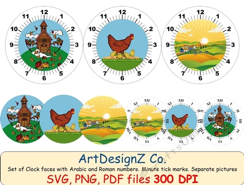 Set of farm clock faces with Arabic and Roman numbers. Minute tick marks. Separate picture included. Clock, clock-face, flowers, floral, butterfly, farm, chicken, house, card making
