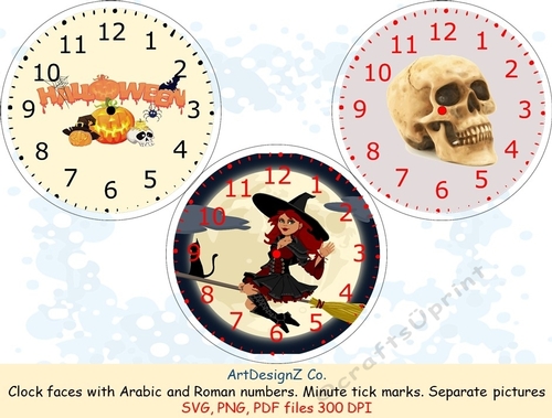 Beautiful Halloween scenes clock faces with Arabic and Roman numbers. Minute tick marks. Separate pictures included. Clock face, festive, poinsettia, vanity, gold, lady, new year, clock, champagne, fashion, Christmas 