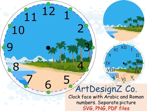 Summer beach Clock face with Arabic and Roman numbers. Separate picture included. Clock, clock-face, flowers, floral, butterfly