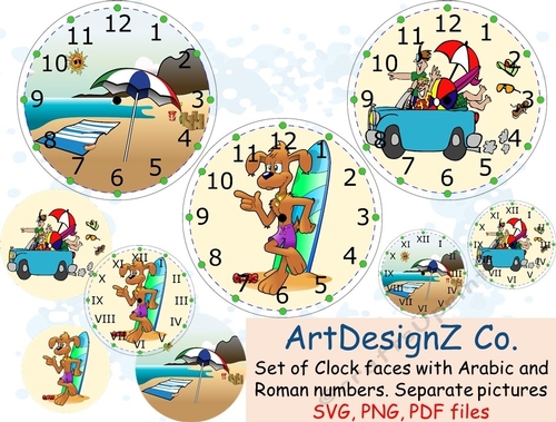 Summer beach Clock faces with Arabic and Roman numbers. Separate pictures included. Clock, clock-face, butterfly, female, sand, beach, roses, flowers, friend, mothers day, decoupage