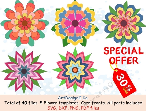 Paper and felt flower templates and silhouettes. Appropriate for card fronts. Parts, felt, rose, summer, autumn, spring, flowers, daffodil, dahlia, model, making