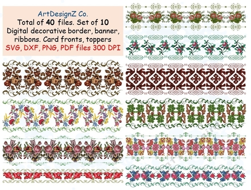 Set of digital decorative border, banner, ribbons, templates. Appropriate for card fronts. Toppers, border, butterflies, roses, golden roses, birthday, anniversary, girl, flower, female, male, adult, Christmas, children