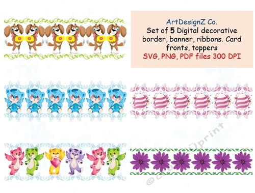 Set of five digital decorative border, banner, ribbons, templates. Appropriate for card fronts. Toppers, friendship, love, red, floral, birthday, rose, wordart, flower, elegant