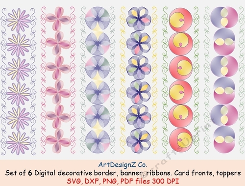 Set of six digital decorative border, banner, ribbons, templates. Appropriate for card fronts. Toppers, flower, nature, rose, decoupage, card, birthday, celebration