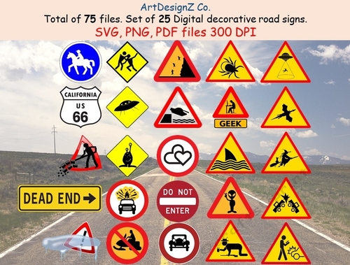 Total of 75 files. Set of 25 digital decorative road signs. Birthday, car, animal, puppy, pink
