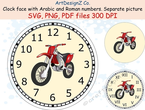 Motocross clock face with Arabic and Roman numbers. Minute tick marks. Separate picture included. Insert, silver, sport, motorcycle, motorbike, car, male, driving, test, pass
