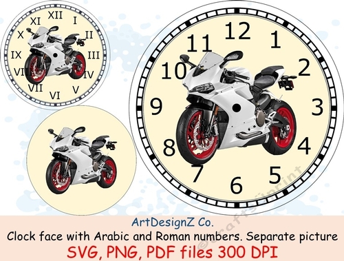 Race motorbike clock face with Arabic and Roman numbers. Minute tick marks. Separate picture included. Male, men, transport, birthday, fathers day, bike, male birthday, motorcycle