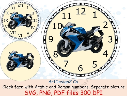 Race motorbike clock face with Arabic and Roman numbers. Minute tick marks. Separate picture included. Man, auto, garage, age, card making, birthday, men, car, motorcycle, pyramid
