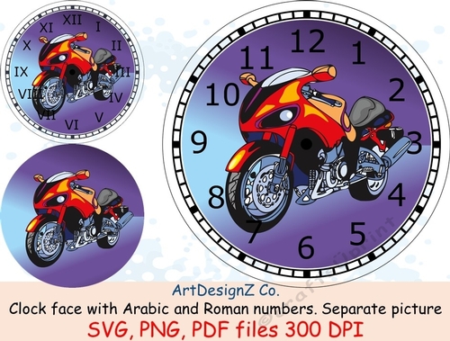 Race motorbike clock face with Arabic and Roman numbers. Minute tick marks. Separate picture included. Men, male, biker, motorbike, motorcycle, birthday, insert, party, invitation, notelet