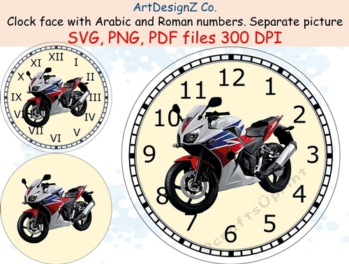 Race motorbike clock face with Arabic and Roman numbers. Minute tick marks. Separate picture included. Fathers day, bike, leather jacket, helmet gloves, motor bike, motorcycle, classic, fuggy, decoupage
