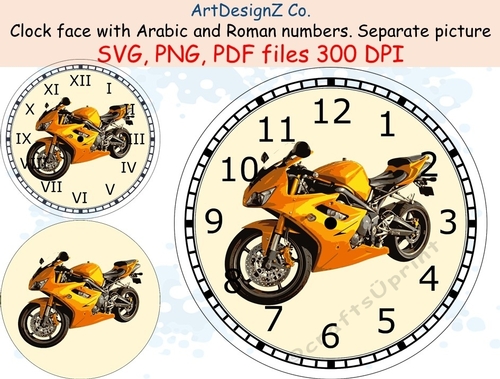 Race motorbike clock face with Arabic and Roman numbers. Minute tick marks. Separate picture included. Race motorbike, male, men, transport, birthday, fathers day, bike, male birthday, motorcycle