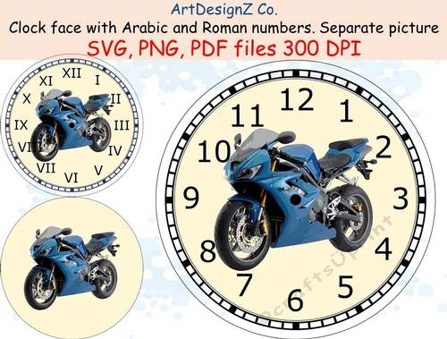 Race motorbike clock face with Arabic and Roman numbers. Minute tick marks. Separate picture included. Racing, birthday, bike, motorbike, crisis, mid-life, biker, decoupage