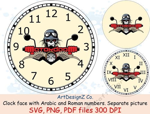 Motorcycle clock face with Arabic and Roman numbers. Minute tick marks. Separate picture included. 
