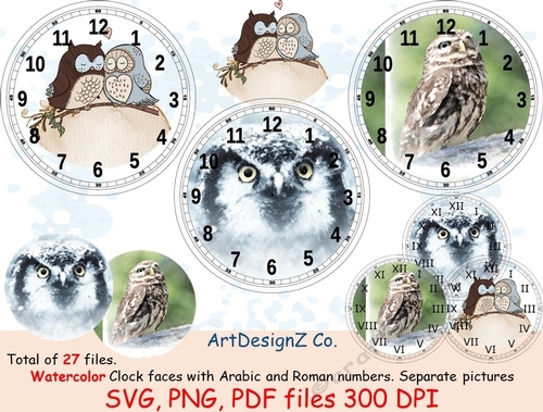 Total of 27 files. Watercolor owl clock faces with Arabic and Roman numbers. Minute tick marks. Separate pictures included. 