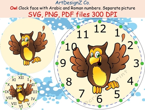 Owl clock face with Arabic and Roman numbers. Minute tick marks. Separate picture included. svg clock-face basket, owl alarm clock friendship, bird time alarm clock, animals festive, new job 