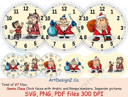 Total of 27 files. Beautiful Christmas, Santa Claus clock faces with Arabic and Roman numbers. Minute tick marks. Separate pictures included. Elegant Celebrations and holidays. clipart, back to school, wedding, invitation, birthday