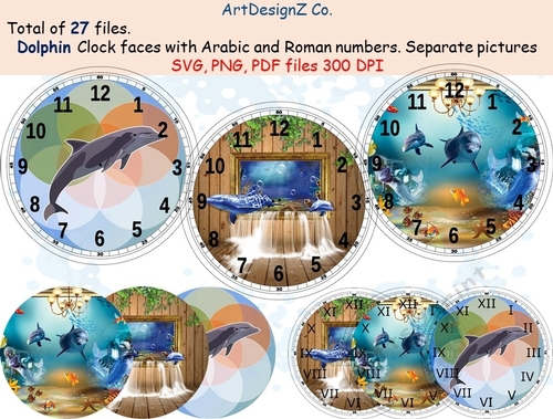 Total of 27 files. Beautiful dolphin clock faces with Arabic and Roman numbers. Minute tick marks. Separate pictures included. Elegant Celebrations and holidays. clipart, back to school, wedding, invitation, birthday