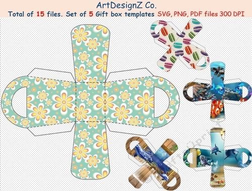 Set of five gift box templates. Total of 15 files. Svg basket, birthday, father day, mother day, Christmas, Halloween, Easter