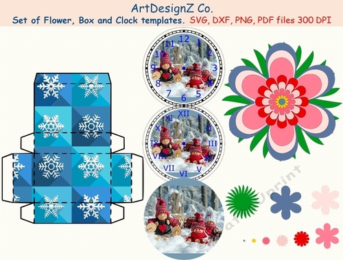 Set of Flower, gift box and clock-face templates. Vector and raster files. All parts included