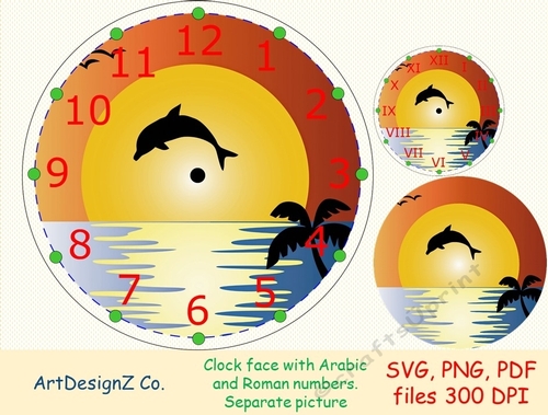Beautiful dolphin clock face with Arabic and Roman numbers. Minute tick marks. Separate picture included