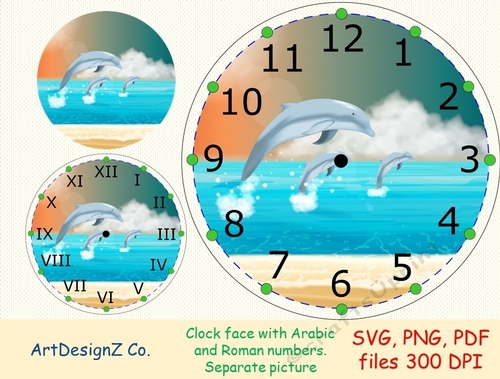 Beautiful dolphin clock face with Arabic and Roman numbers. Minute tick marks. Separate picture included