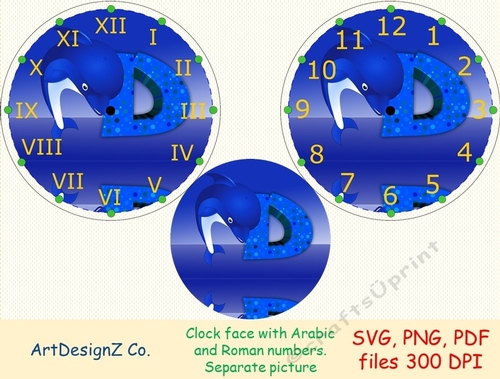 Beautiful dolphin clock face with Arabic and Roman numbers. Minute tick marks. Separate picture included