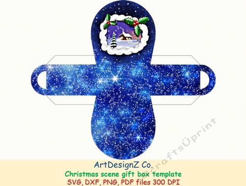 Christmas scene gift box template with picture. Vector and raster files. Simple box, curved box, circle box, storage box, shipping box
