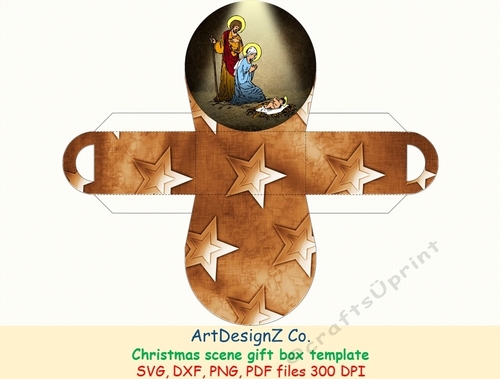 Christmas scene gift box template with picture. Vector and raster files. Simple box, curved box, circle box, storage box, shipping box