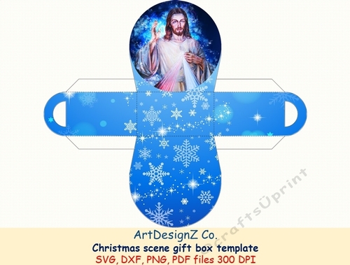 Christmas scene gift box template with picture. Vector and raster files. Simple box, curved box, circle box, storage box, shipping box