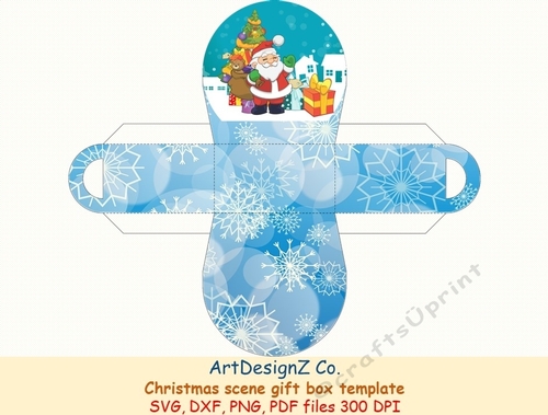 Christmas scene gift box template with picture. Vector and raster files. Simple box, curved box, circle box, storage box, shipping box