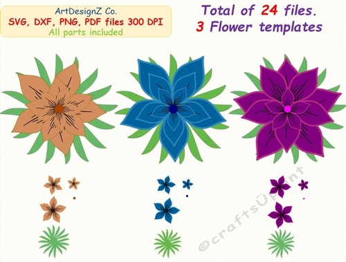 A total of 24 files. 3 Flower silhouettes. Parts, felt, cut, felting, model, making, design, template