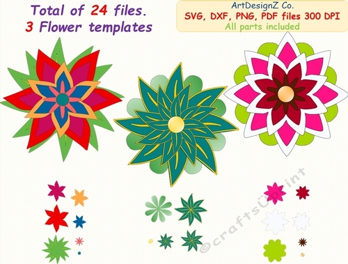Set of 3 Flower templates. A total of 24 files. Parts, felt, cut, felting, model, making, design, template