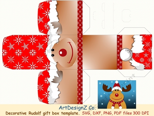 Beautiful Rudolph decorative gift box template. Vector and raster files. Basket, birthday, back to school, wedding, mother day, Halloween, Easter, Christmas, Rudolf, valentine