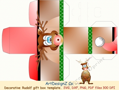 Beautiful Rudolph decorative gift box template. Vector and raster files. Basket, birthday, back to school, wedding, mother day, Halloween, Easter, Christmas, Rudolf, valentine
