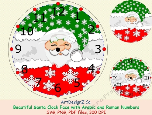 Beautiful Santa Clock face with Arabic and Roman numbers. Picture included
