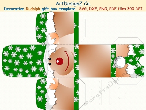Beautiful Rudolph decorative gift box template. Vector and raster files. Basket, birthday, back to school, wedding, mother day, Halloween, Easter, Christmas, Rudolf, valentine