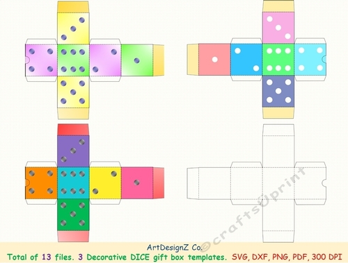 Total of 13 files. 3 Beautiful dice decorative gift box templates. 