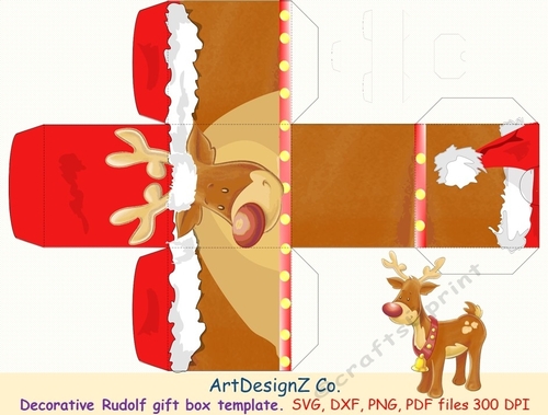 Beautiful Rudolph decorative gift box template. Vector and raster files. Basket, birthday, back to school, wedding, mother day, Halloween, Easter, Christmas, Rudolf, valentine