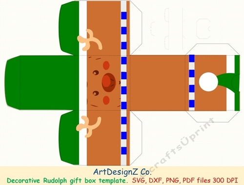 Beautiful Rudolph decorative gift box template. Vector and raster files. Basket, birthday, back to school, wedding, mother day, Halloween, Easter, Christmas, Rudolf, valentine