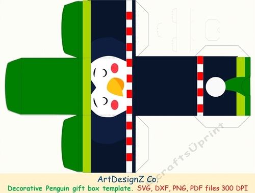 Beautiful penguin gift box template. 