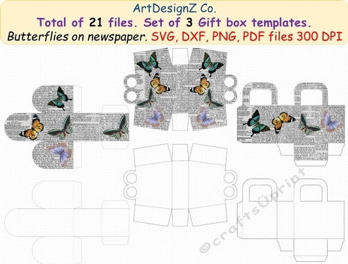 Total of 21 files. Set of Beautiful gift box templates with butterflies on newspaper. Svg, clipart, basket, birthday, fathers day, wedding, mothers day, Halloween, Easter