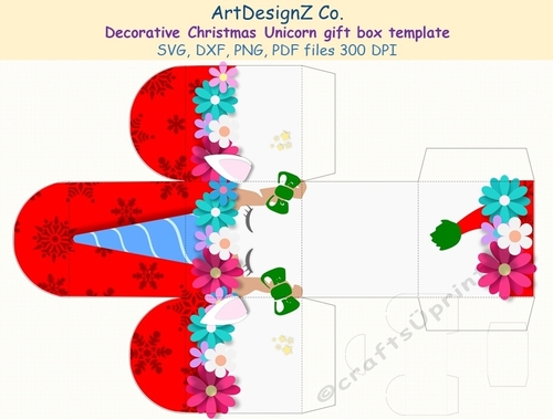 Beautiful Christmas Unicorn decorative gift box template. 